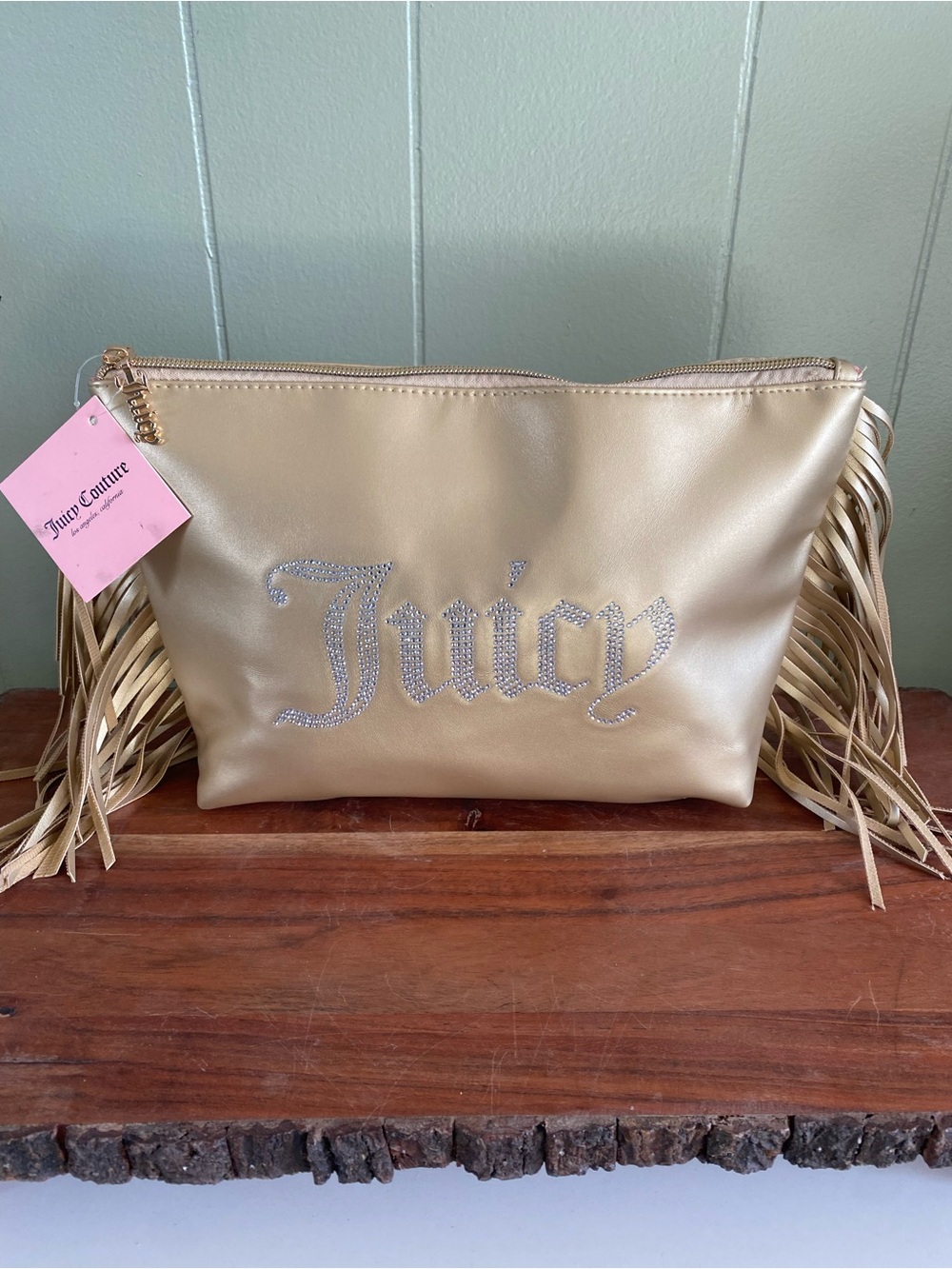 Juicy Couture Gold Rhinestone Fringe Travel Pouch/Large Makeup Bag NWT - Picture 2 of 7